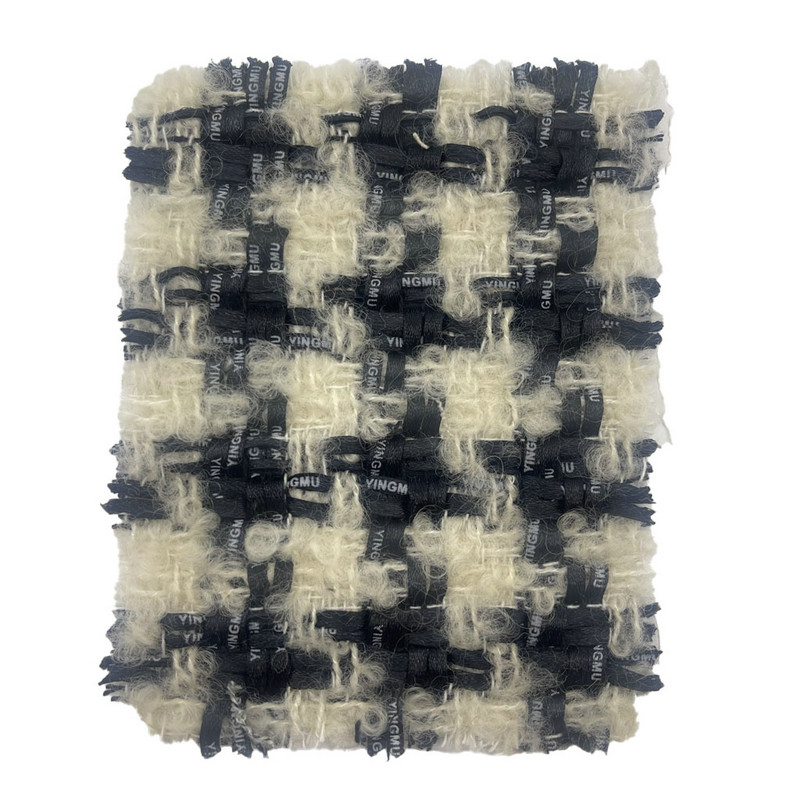 Off White Black Brush Teddy Tape Plaid Wool Tweed Fabrics 23548